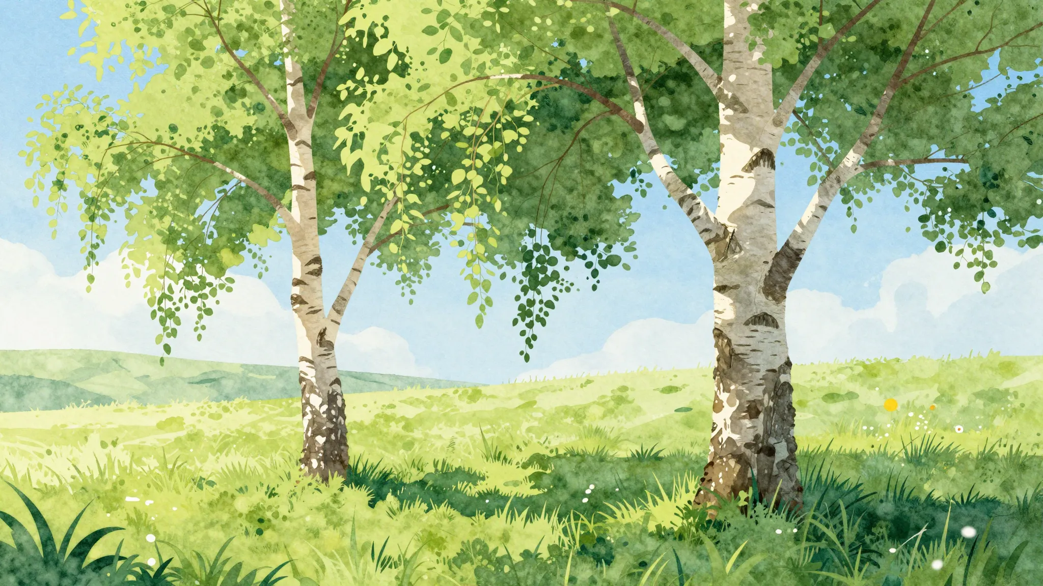 Watercolor style. Silhouette of a birch tree in a sunny mead...