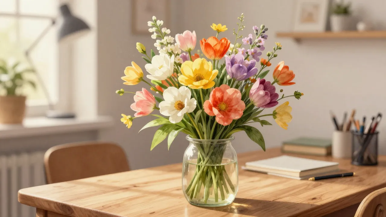 Watercolor style. A beautiful bouquet of bright spring flowe...