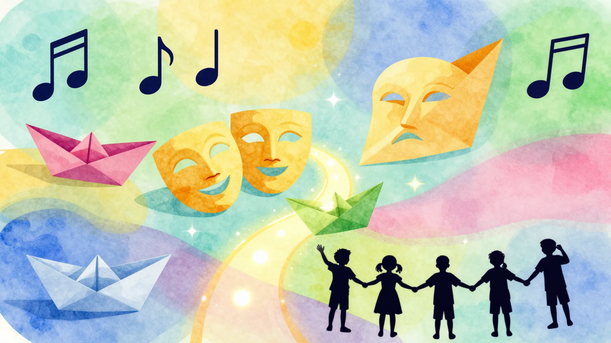 Watercolor style. Bright colorful abstract shapes, musical n...