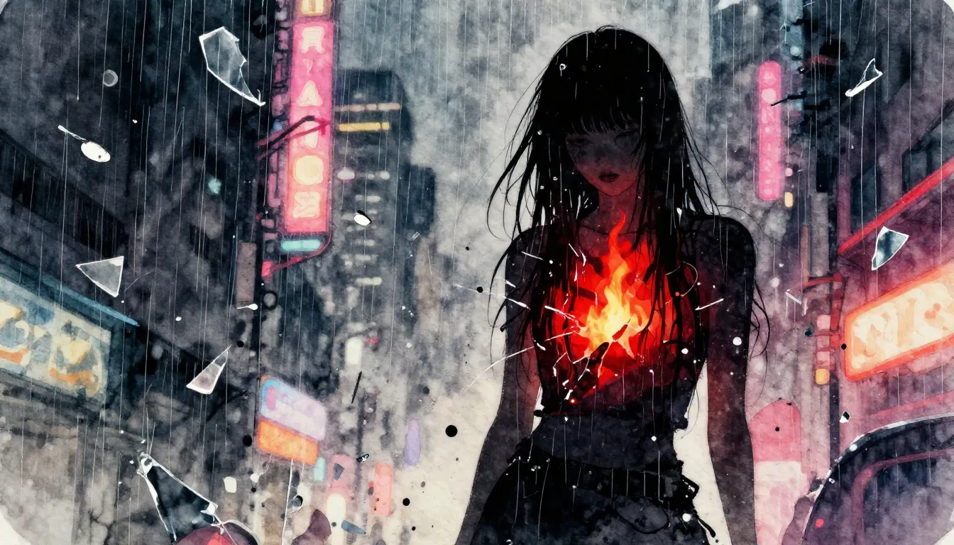 Vibrant watercolor style. K-pop album cover art, a dark silh...