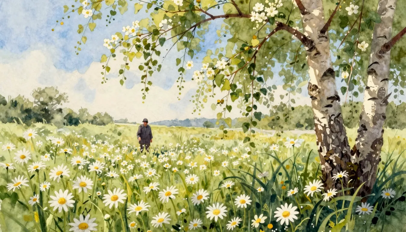 Vibrant watercolor style. A field of white daisies and bloom...