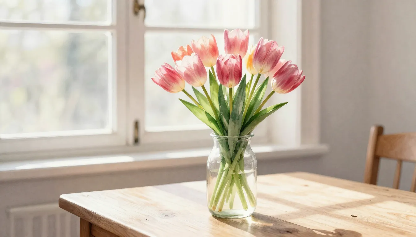 Watercolor style. Bright spring tulips in a vase on a wooden...