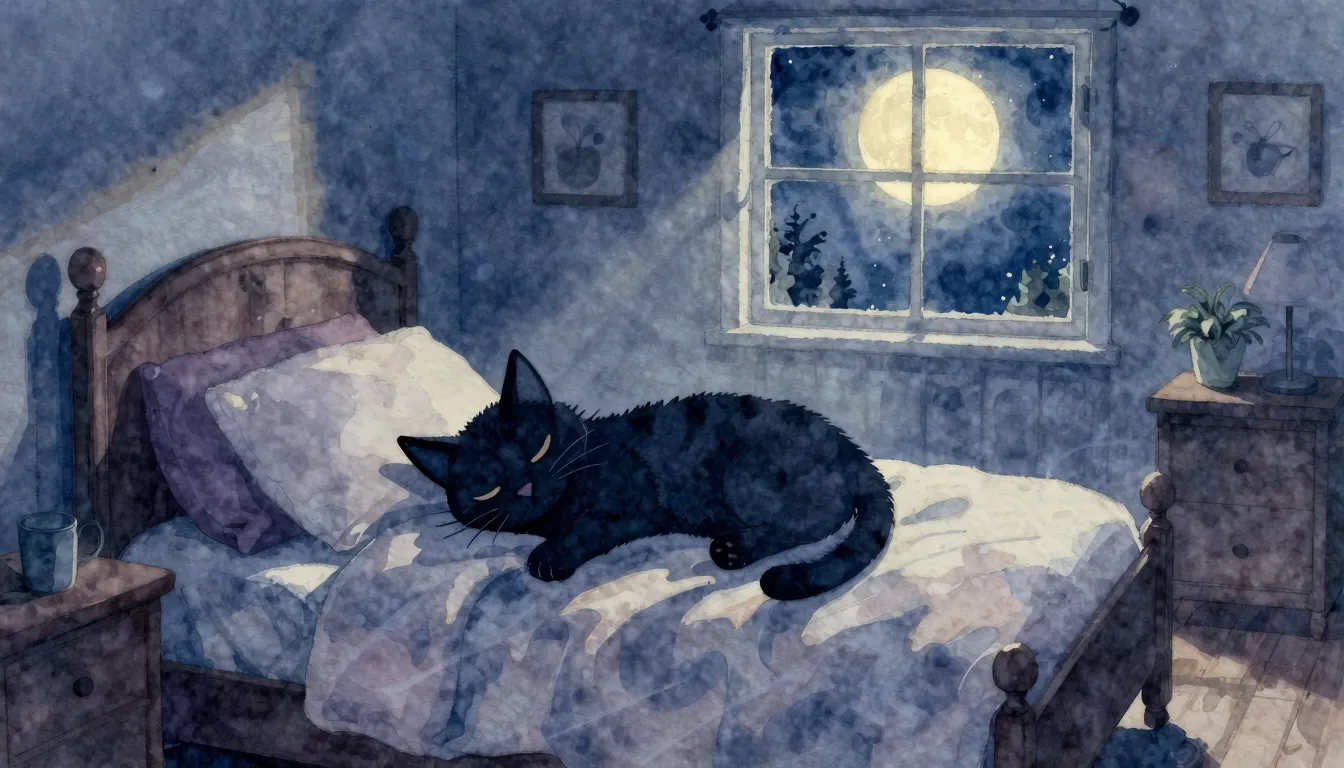 Watercolor style. A cozy bedroom at night, a silhouette of a...