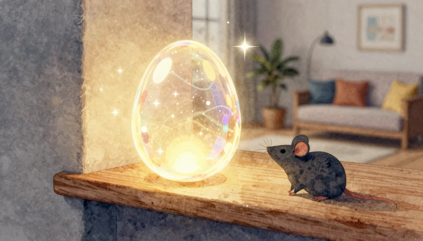 Watercolor style. A glowing holographic egg on a wooden shel...