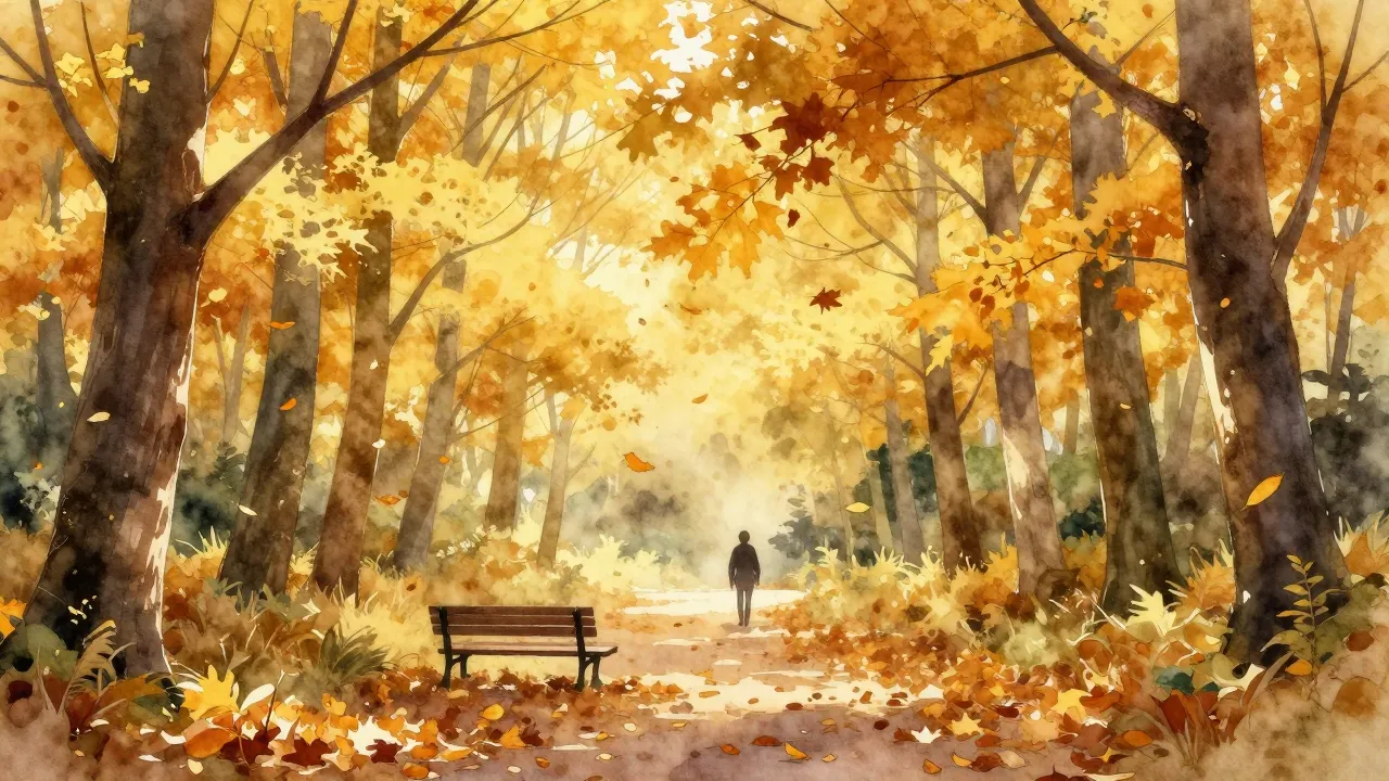 Watercolor style. Golden autumn forest with falling leaves, ...