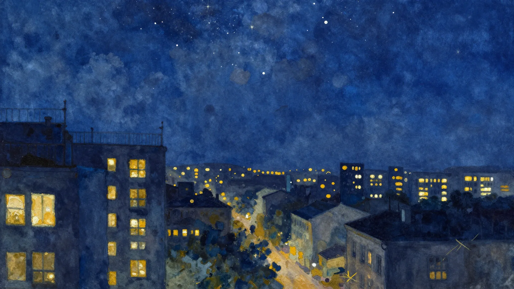 Vibrant watercolor style. Blues album cover, night city land...