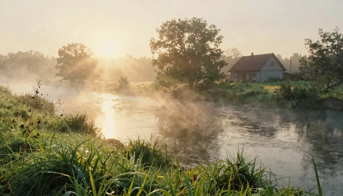 Watercolor style. Morning mist over a quiet river, glowing s...