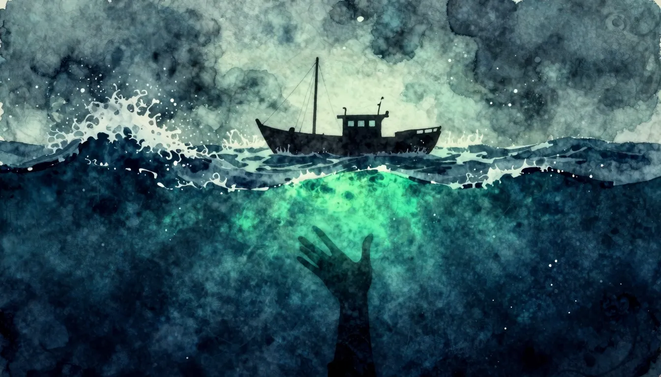 Watercolor style. Silhouette of a small boat in a stormy sea...