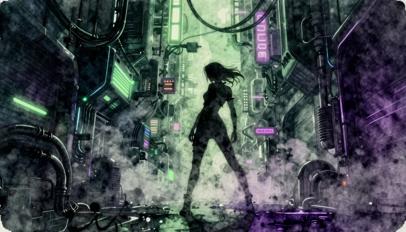 Watercolor style. Dark futuristic city alley, neon green and...