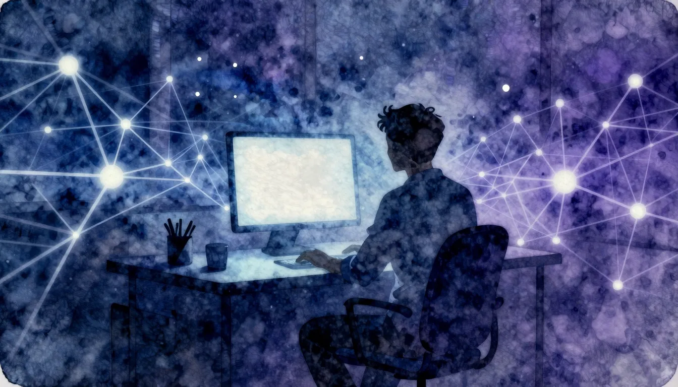 Watercolor style. A silhouette of a person sitting at a glow...