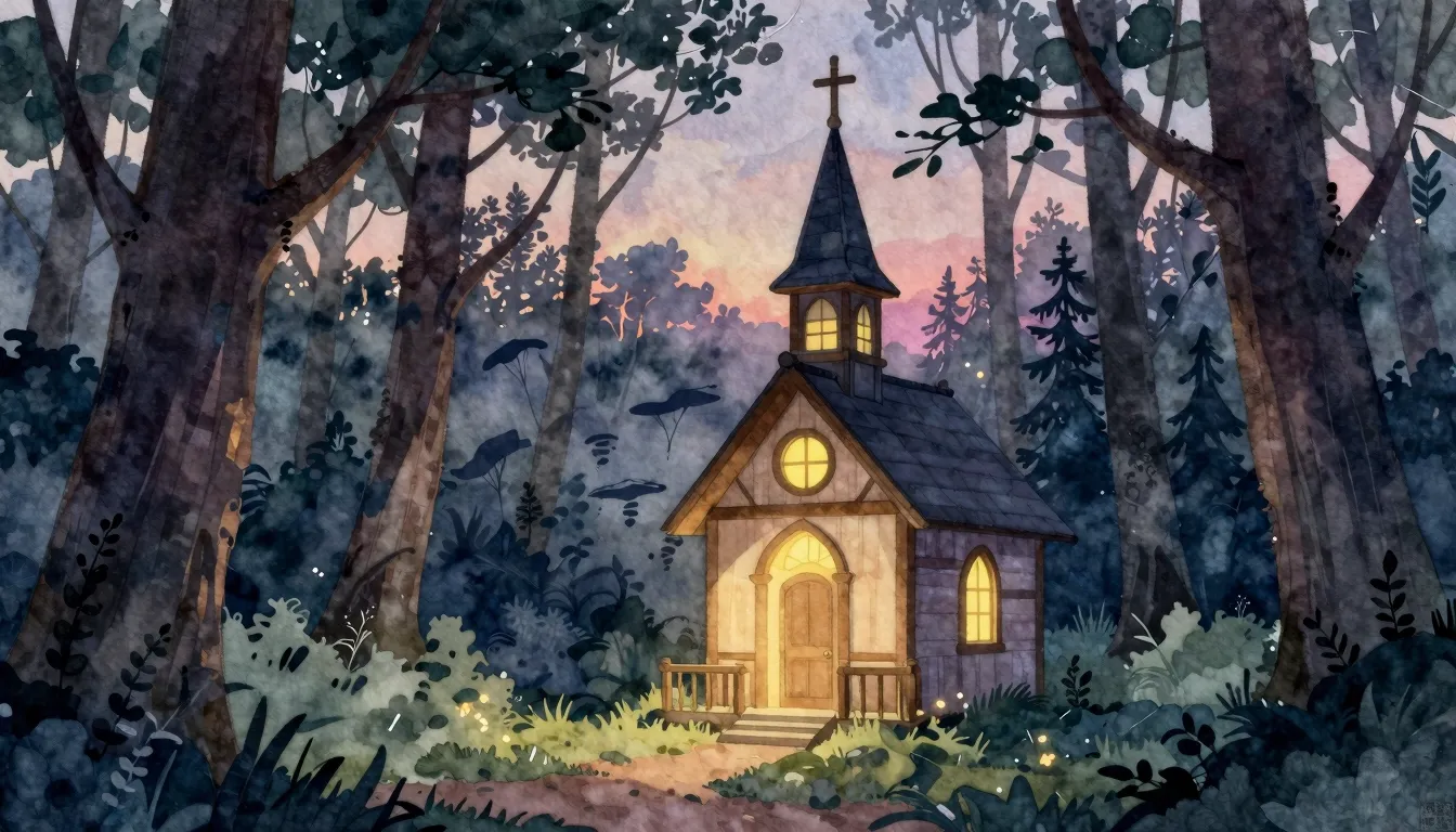 Watercolor style. A mystical forest spring with a small wood...