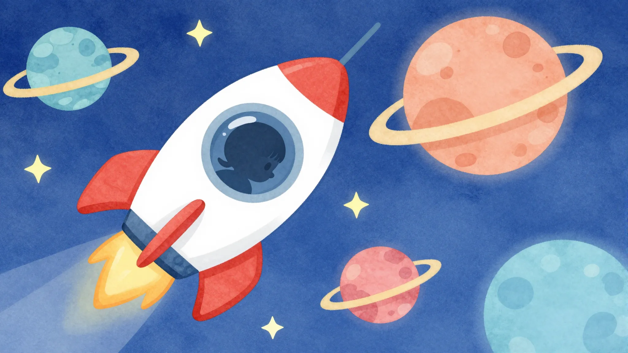 Vibrant watercolor style. Cute cartoon rocket flying in spac...