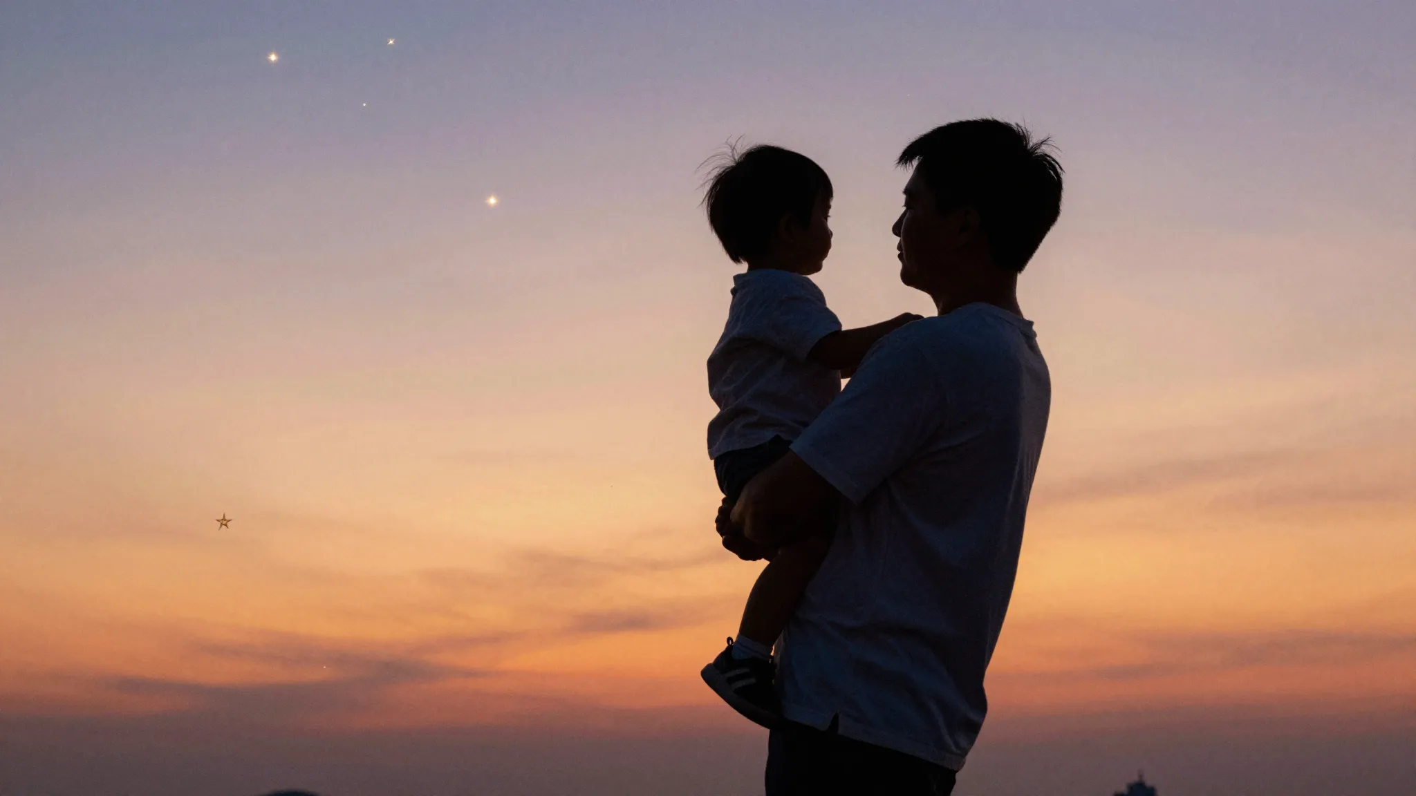 Watercolor style. Silhouette of a father holding a small chi...