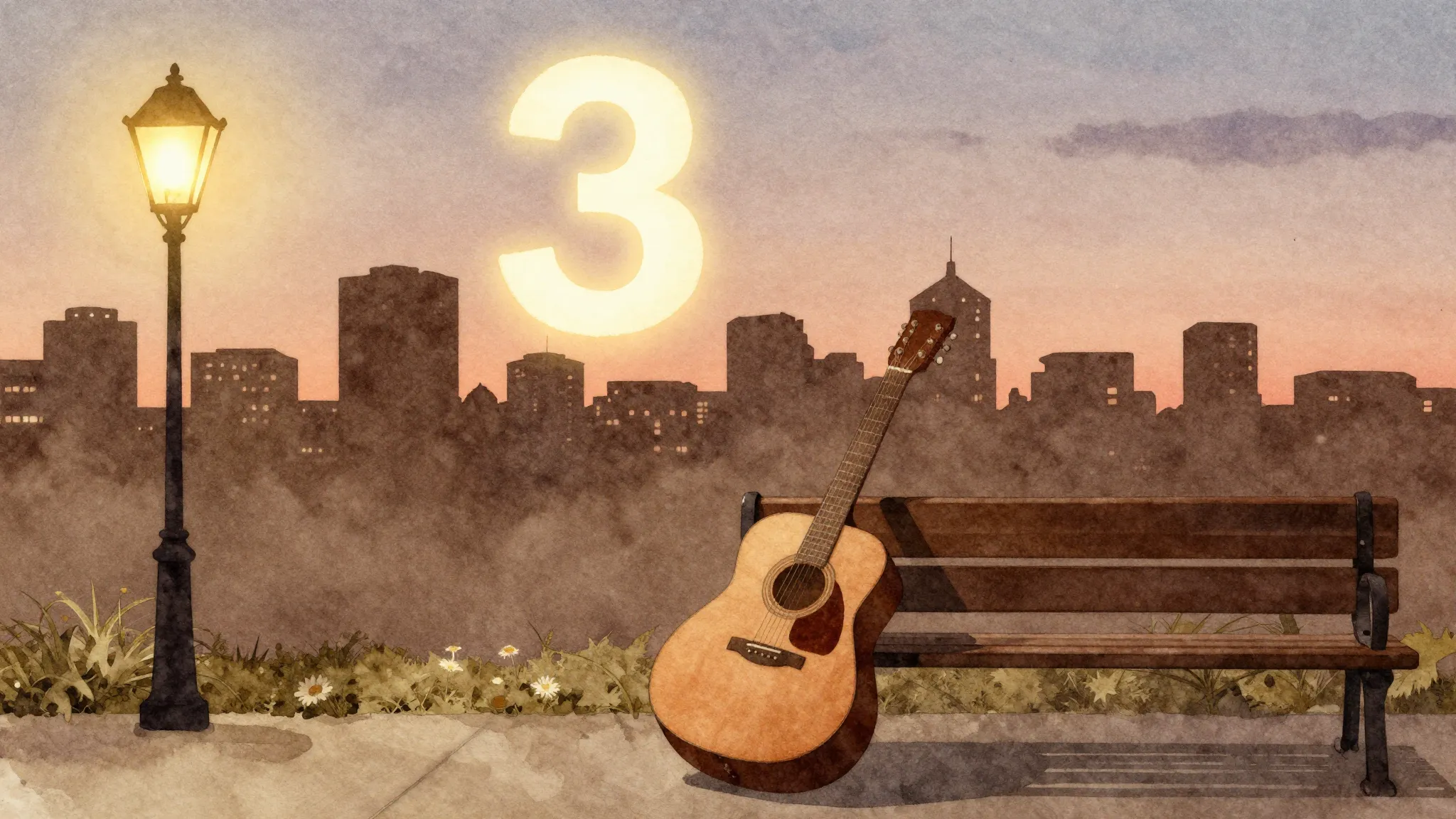Watercolor style. A cozy evening city skyline silhouette wit...