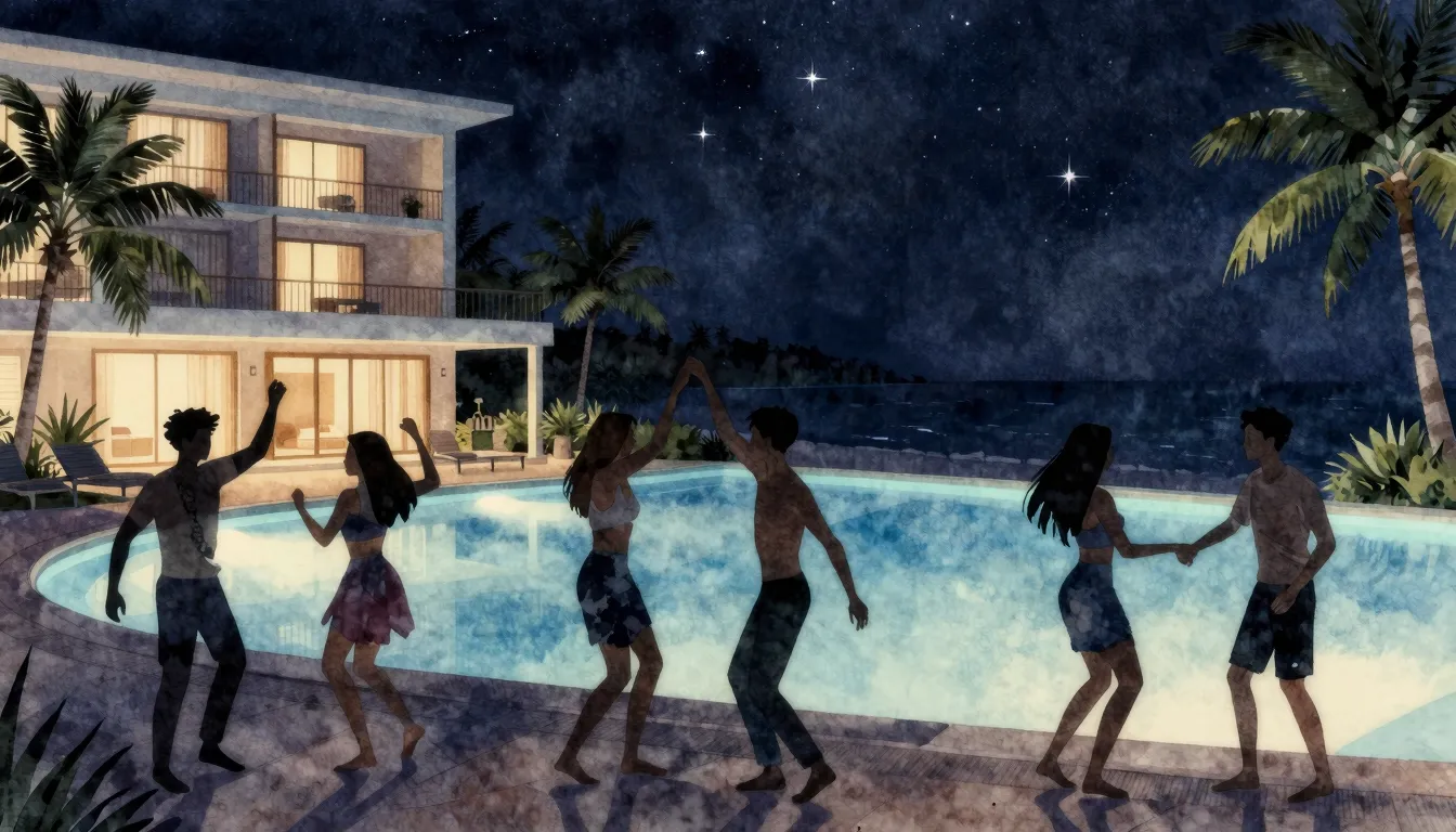 Watercolor style. Silhouettes of friends dancing by a glowin...