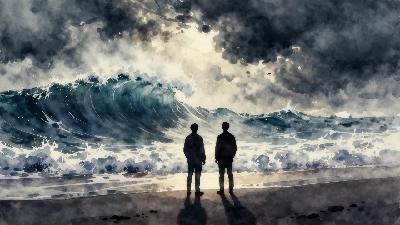 Watercolor style. A silhouette of two figures standing on a ...