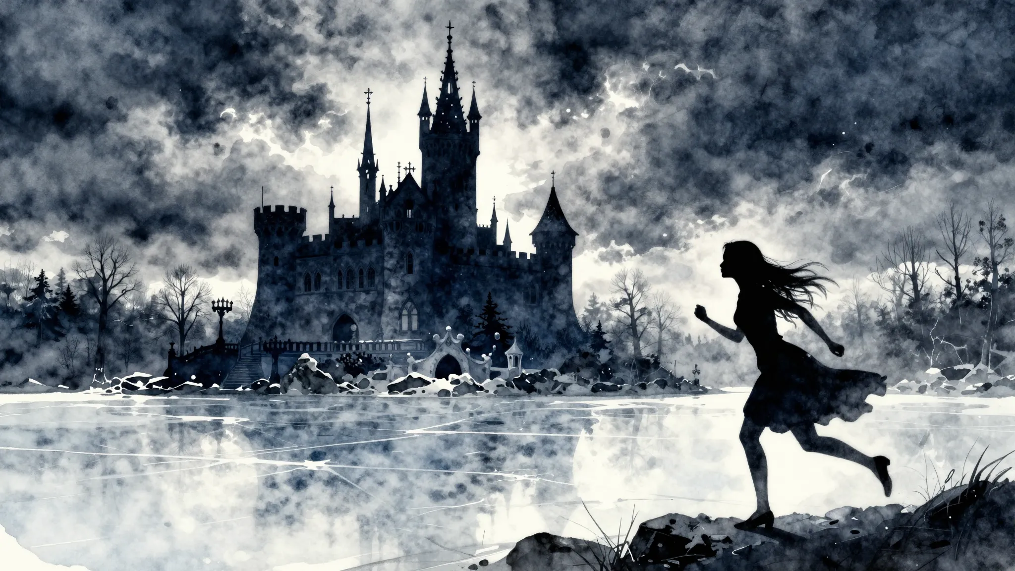 Watercolor style. A silhouette of a castle in winter, a froz...