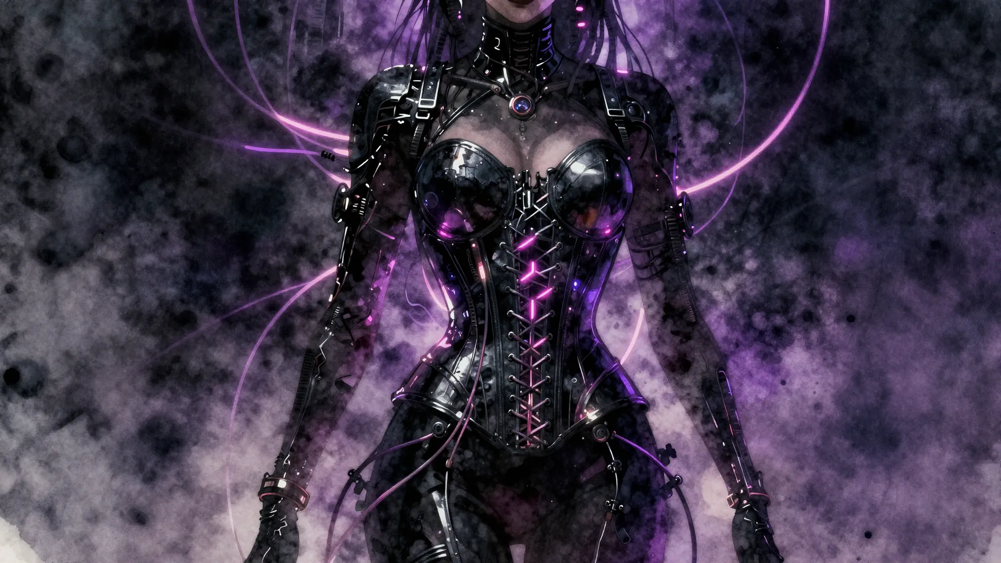 Vibrant watercolor style. Cyberpunk aesthetic, dark atmosphe...