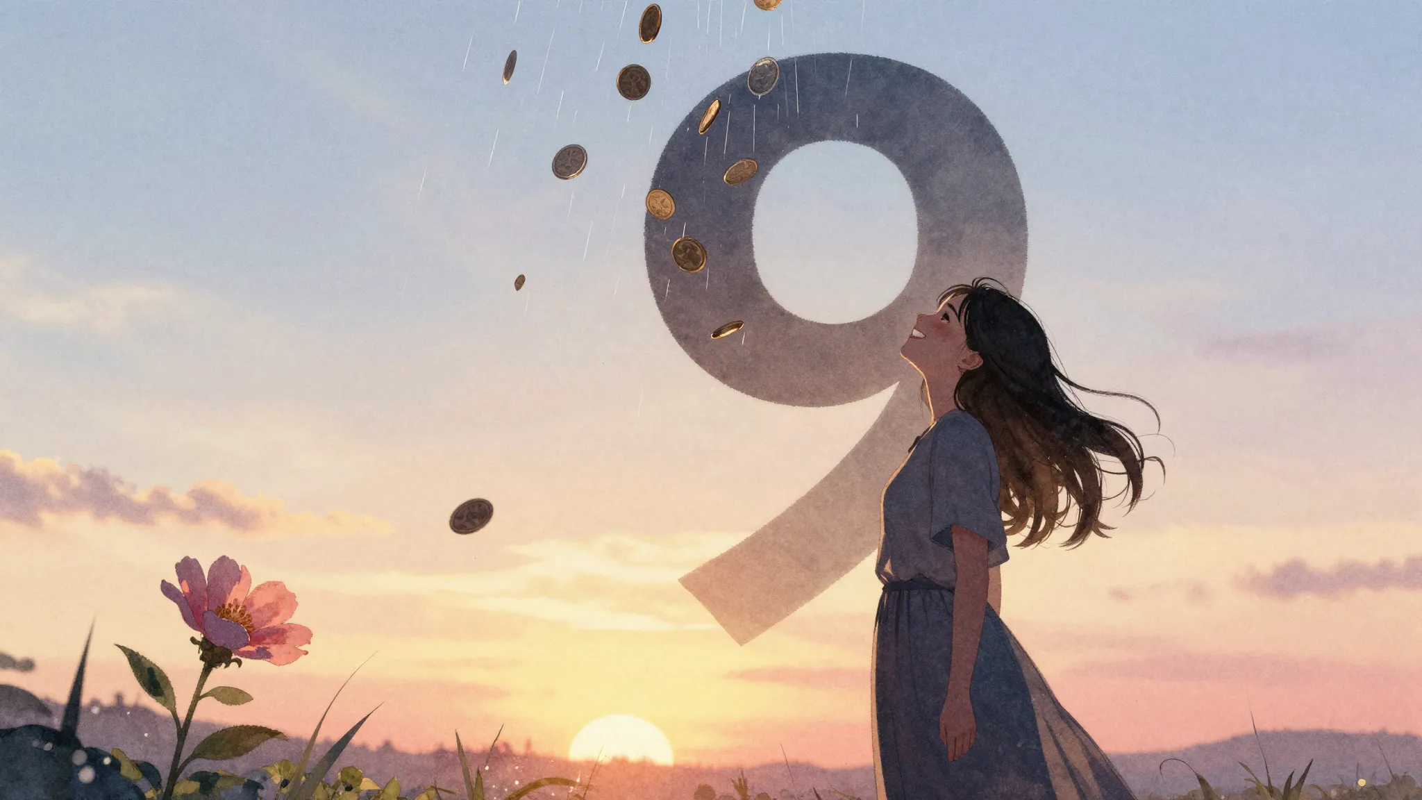 Watercolor style. Silhouette of a happy woman standing under...