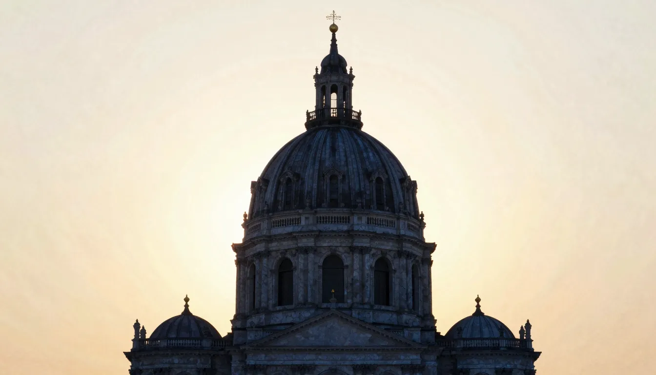 Watercolor style. Silhouette of a church dome against a brig...