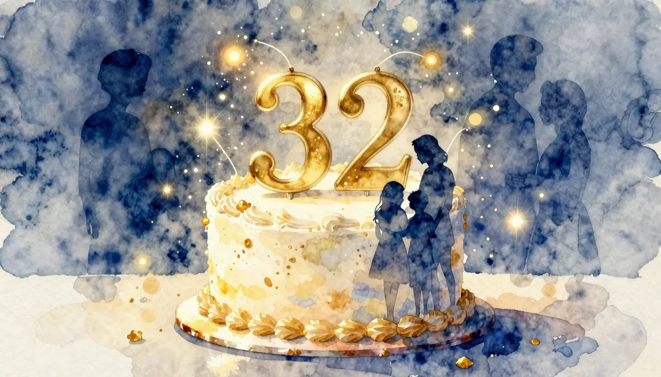 Watercolor style. A beautiful birthday cake with number 32, ...