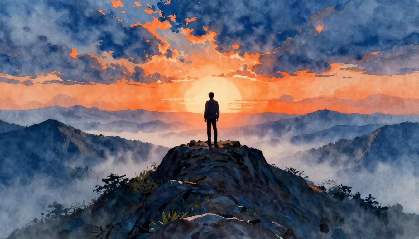 Vibrant watercolor style. Cinematic silhouette of a lonely m...