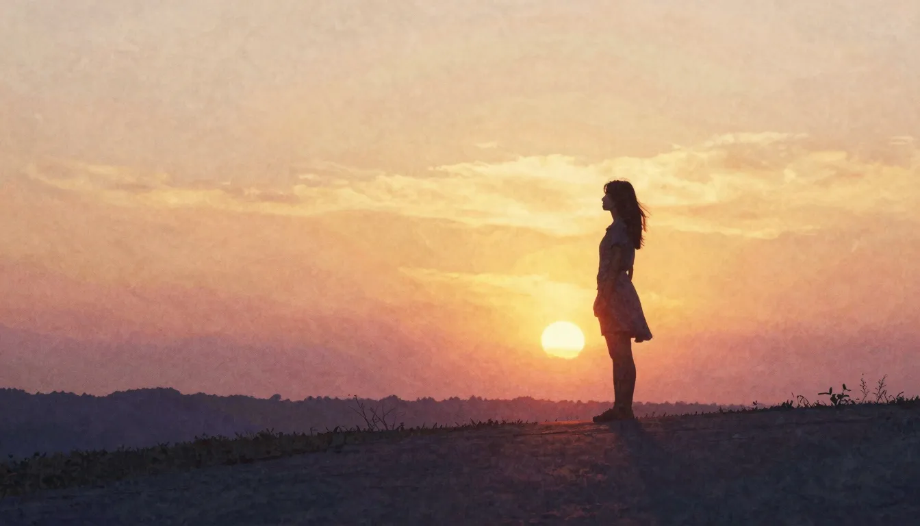 Vibrant watercolor style. A silhouette of a young woman stan...