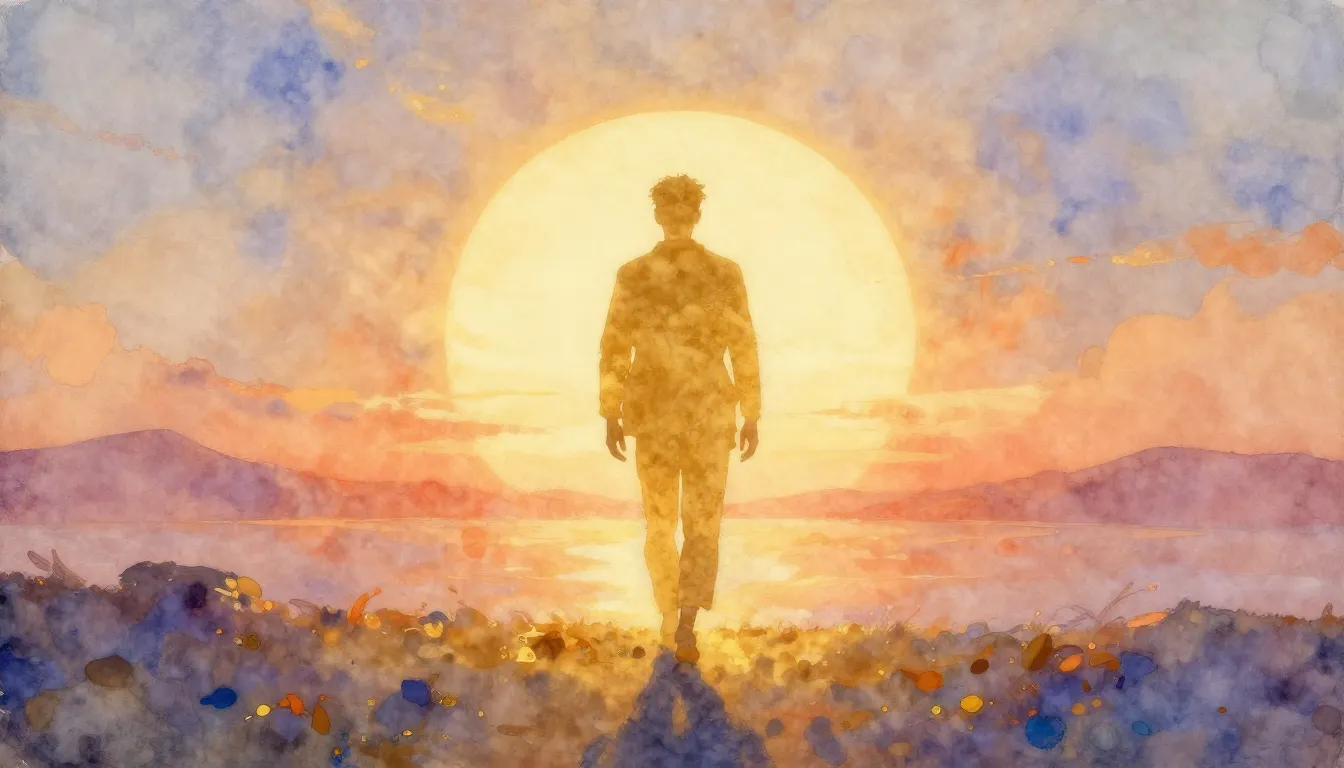 Vibrant watercolor style. A golden silhouette of a man walki...