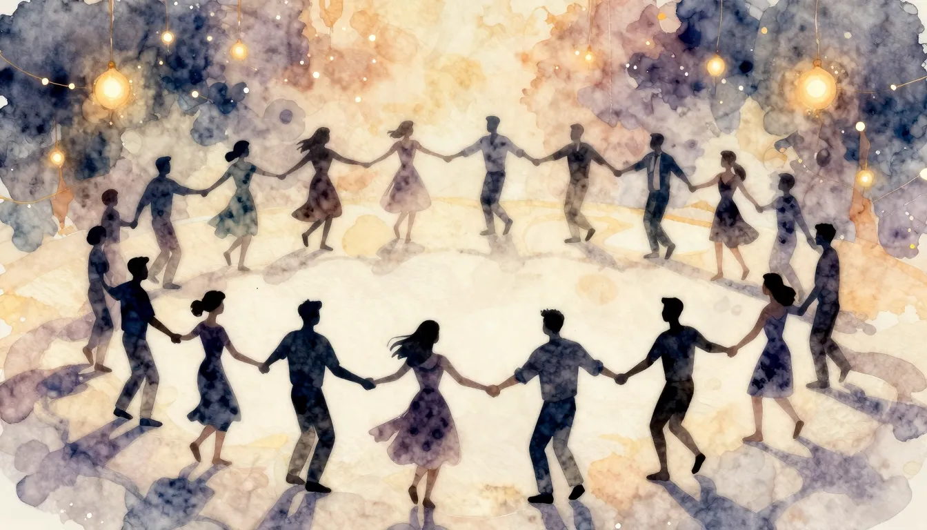 Watercolor style. Silhouettes holding hands in a large circl...