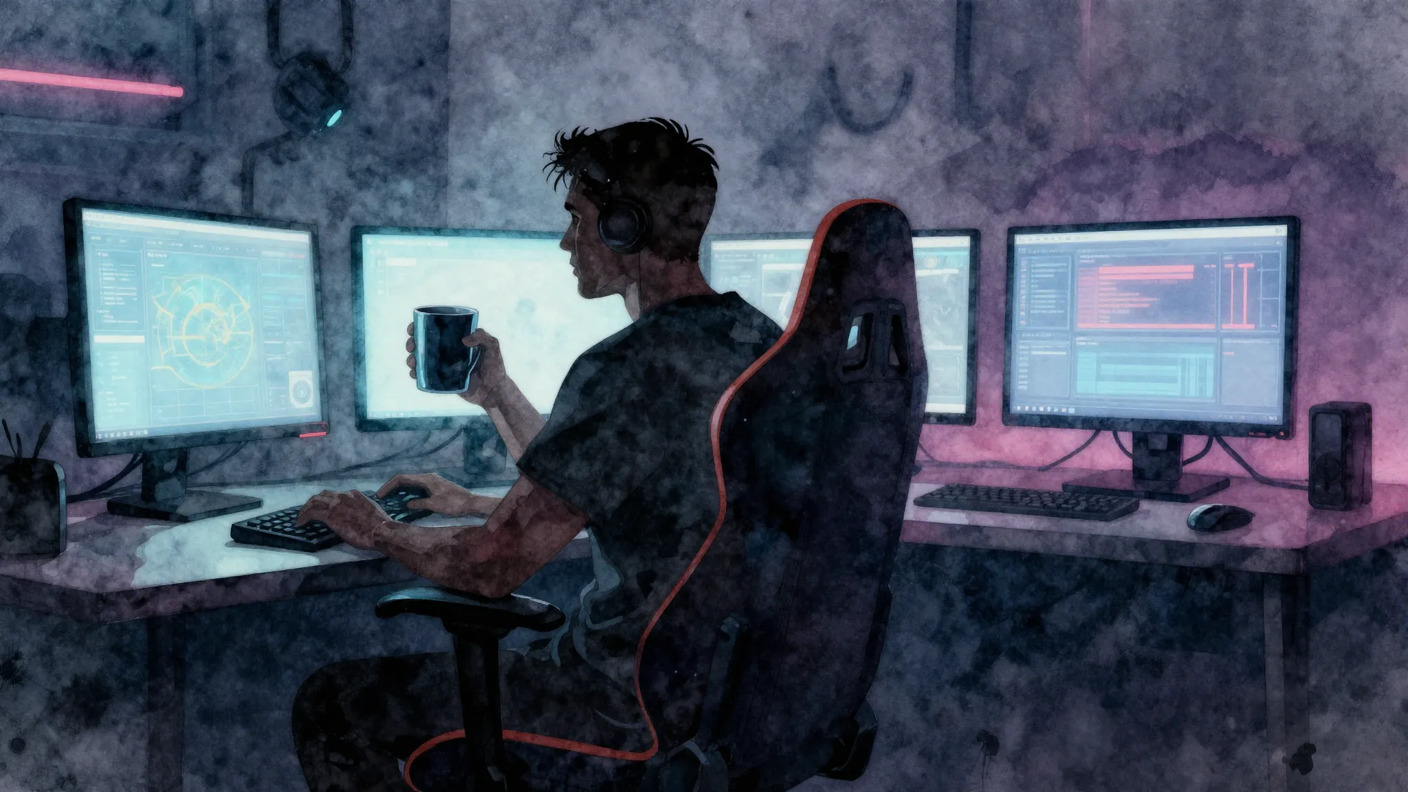 Watercolor style. Dark room silhouette of a large man sittin...