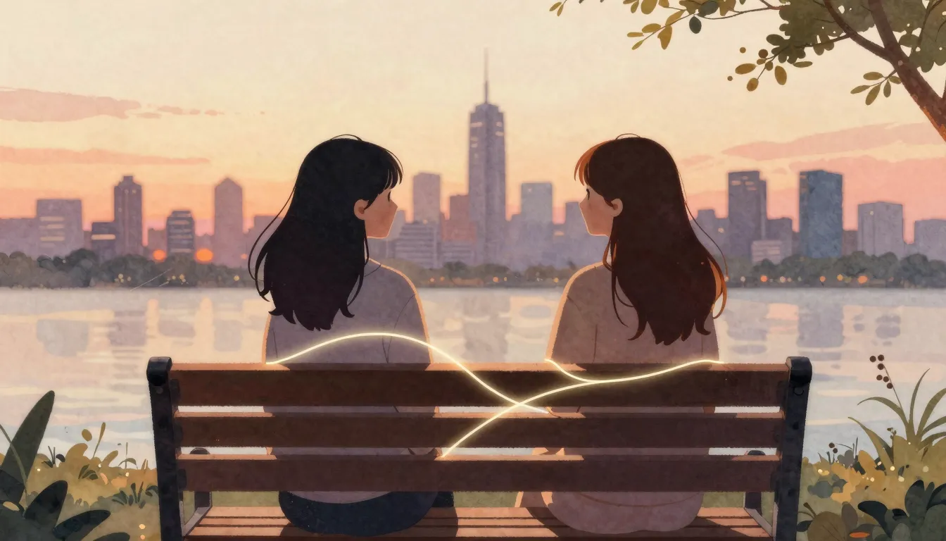 Watercolor style. Two female silhouettes sitting on a bench,...