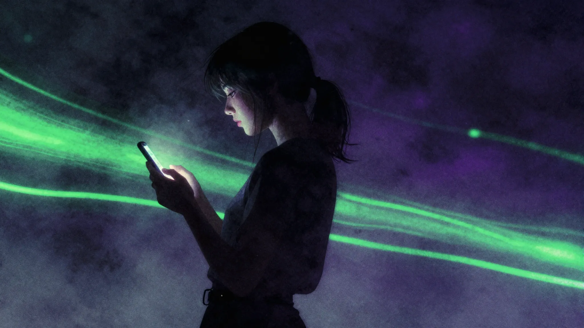 Watercolor style. Dark abstract background with fast neon gr...