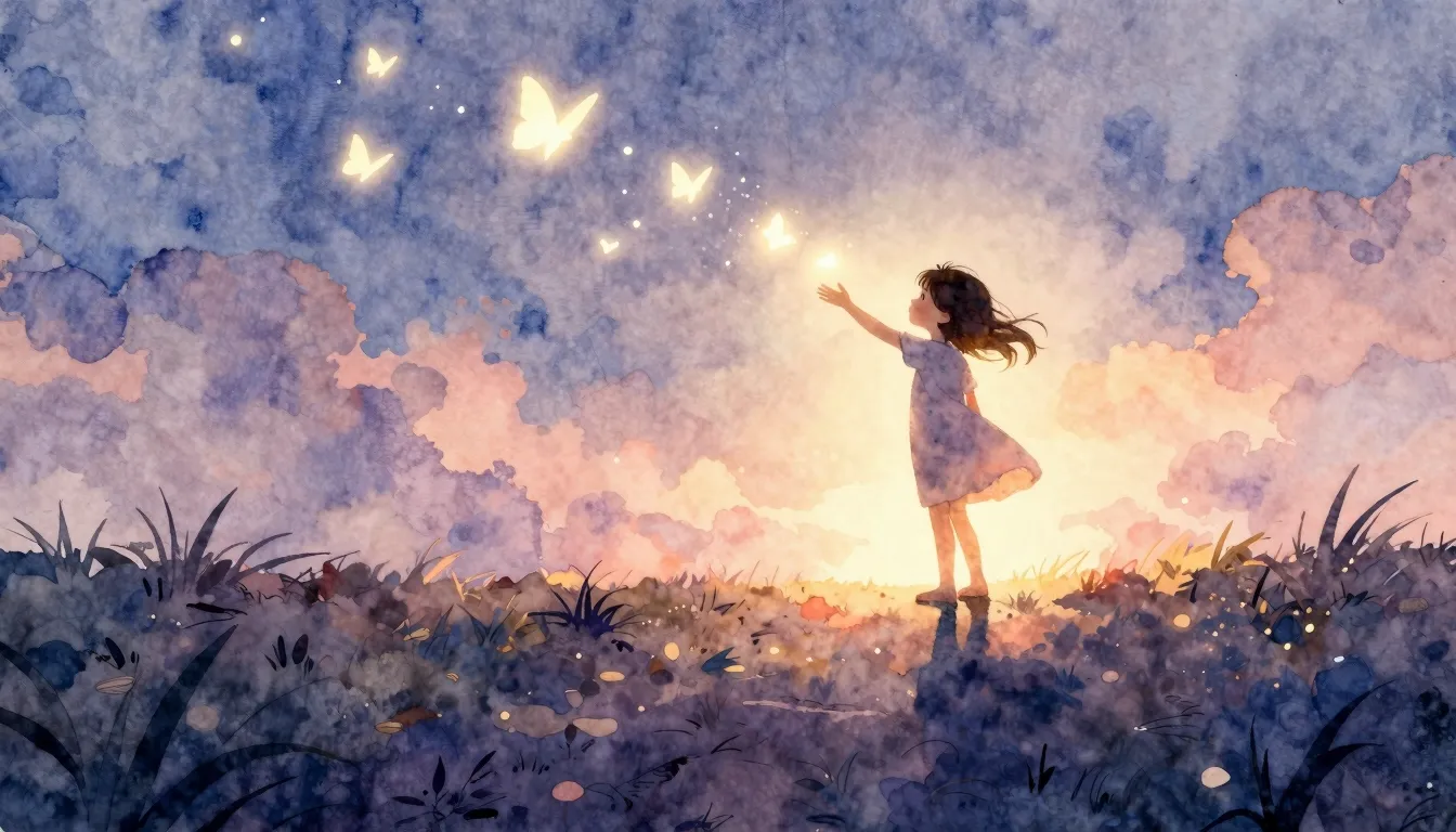 Watercolor style. A glowing silhouette of a little girl reac...
