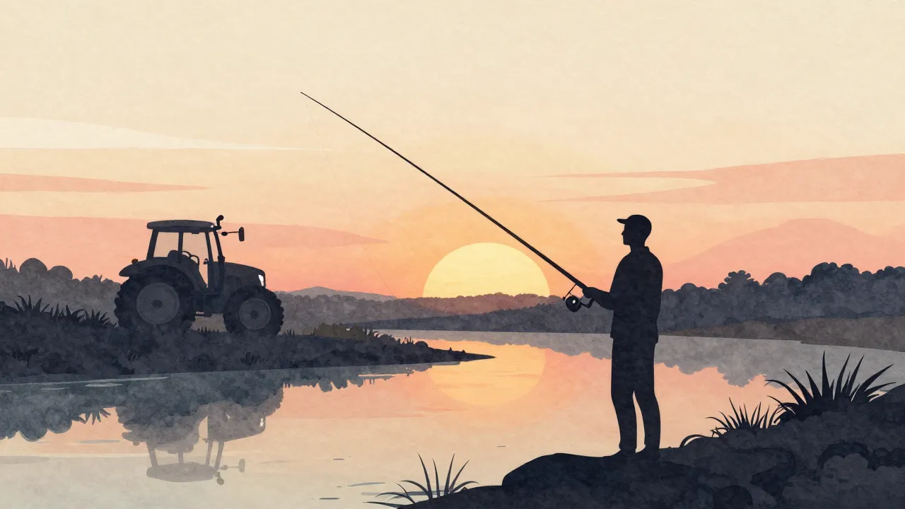 Watercolor style. Silhouette of a man fishing by a river at ...