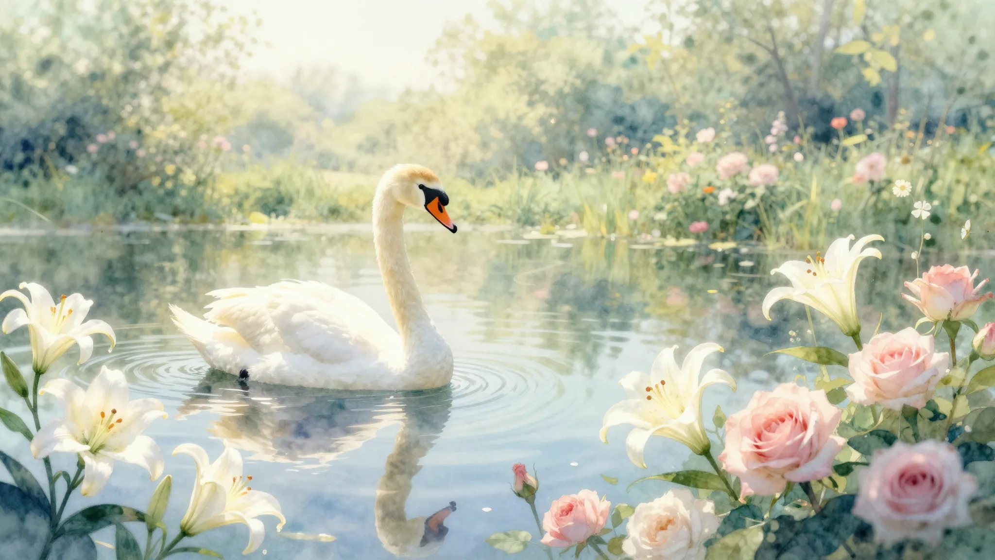 Vibrant watercolor style. A serene folk-inspired landscape f...