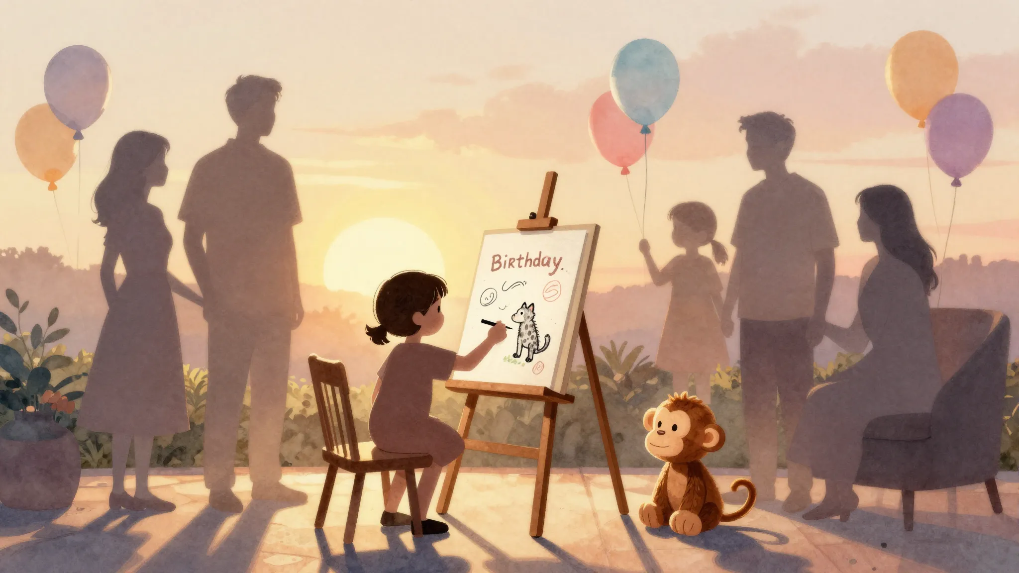 Watercolor style. Silhouette of a little girl drawing animal...