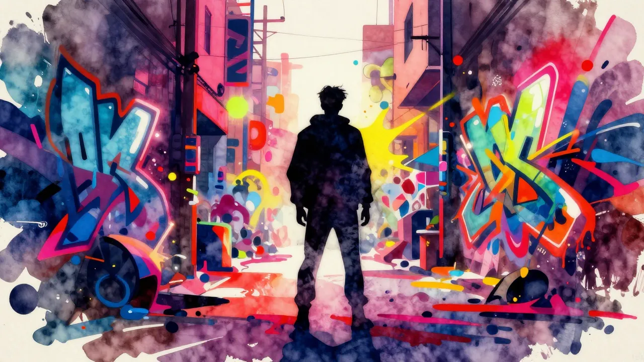 Vibrant watercolor style. Abstract street art style, a dark ...