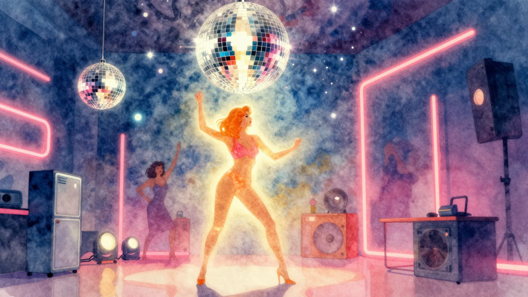 Vibrant watercolor style. A vibrant 1970s disco-themed album...