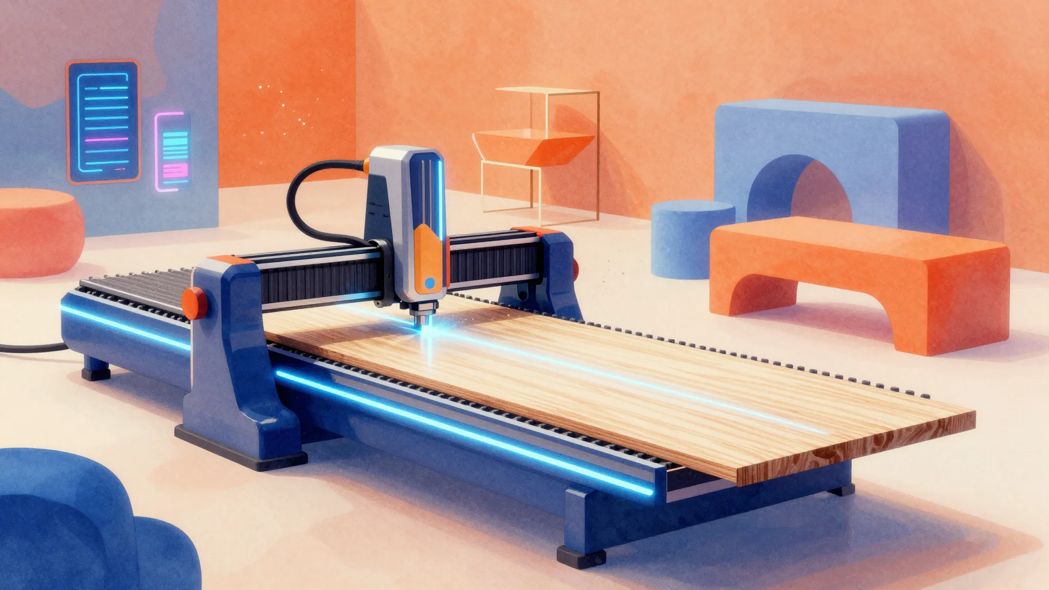 Vibrant watercolor style. Cyberpunk woodworking factory, fut...