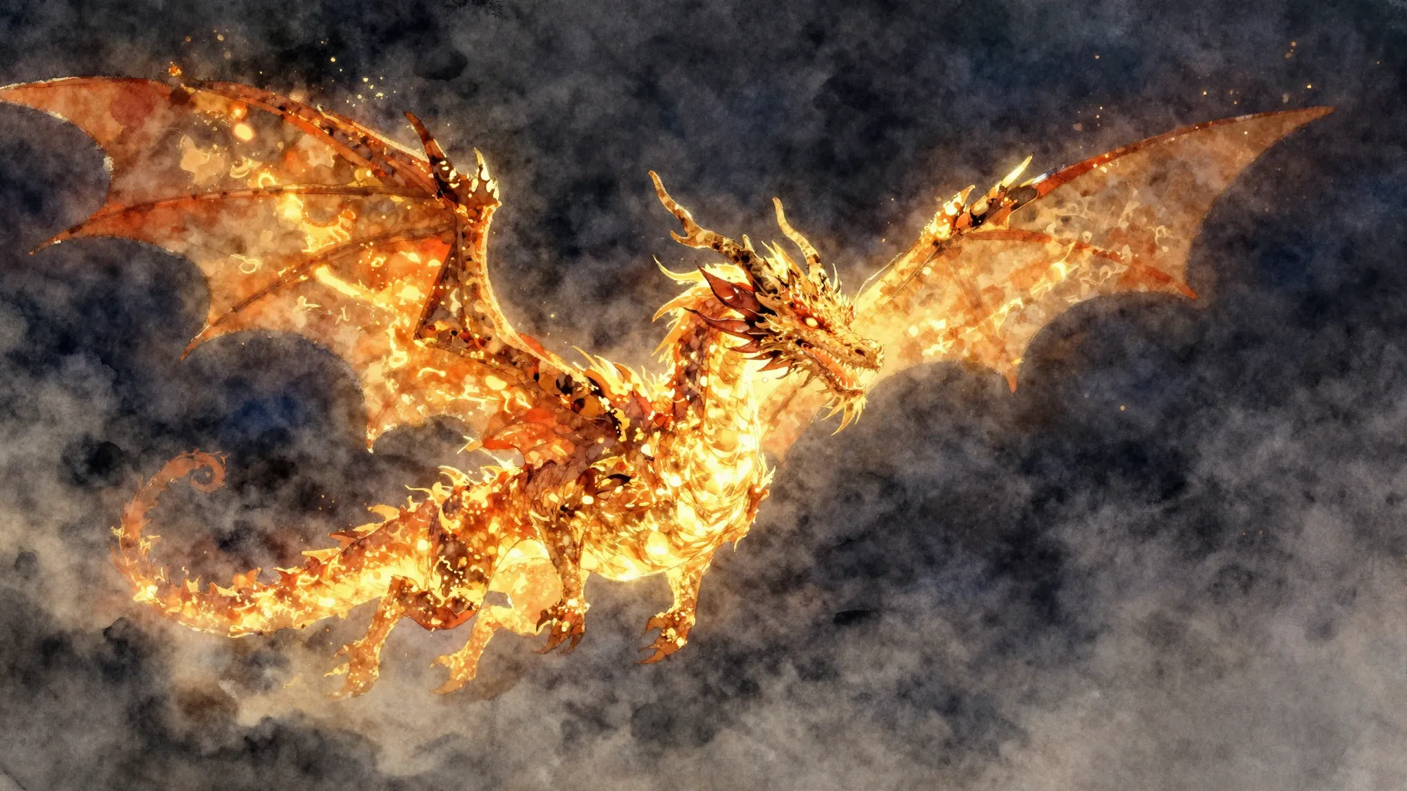 Vibrant watercolor style. A majestic dragon made of glowing ...