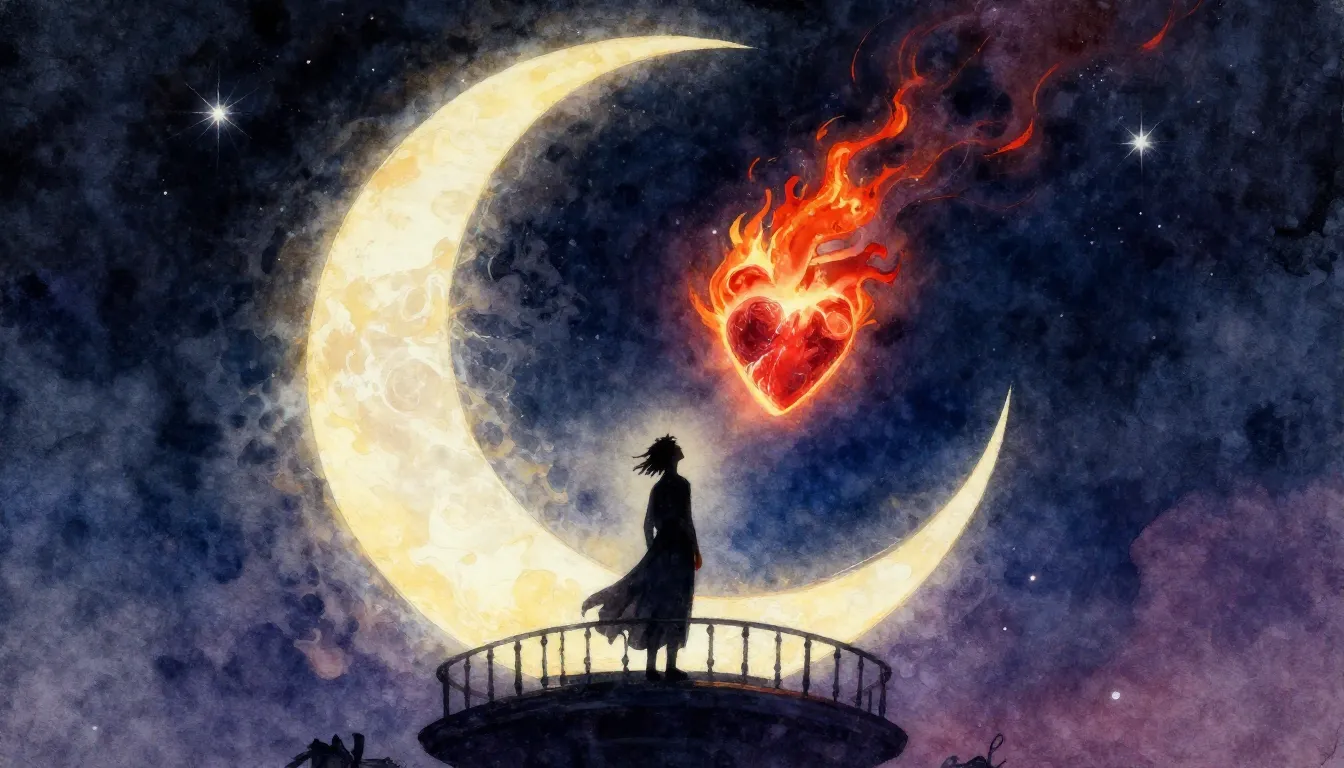 Vibrant watercolor style. A dramatic opera-style illustratio...