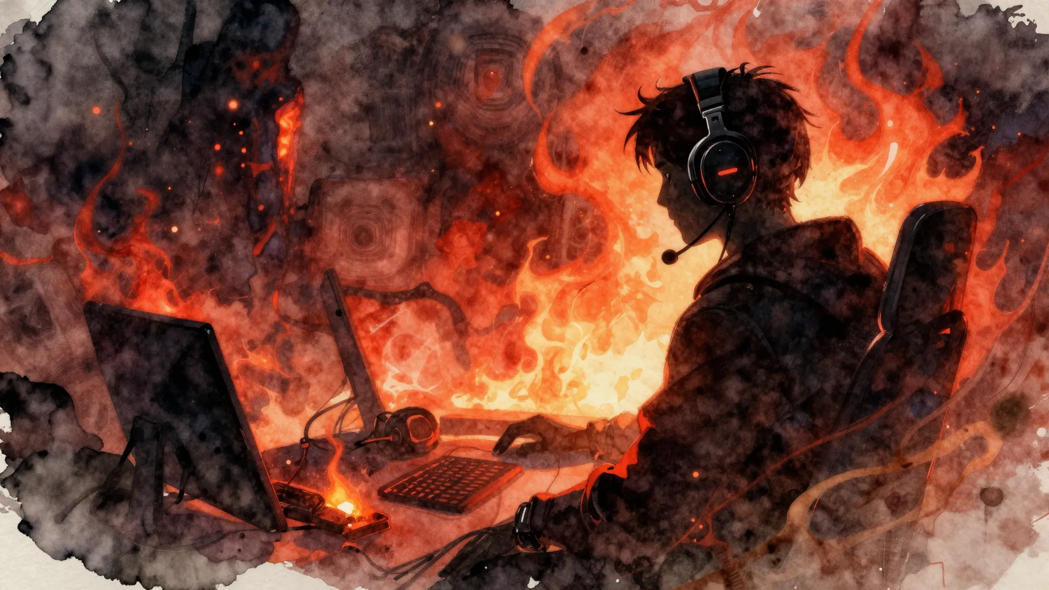 Watercolor style. Dark fantasy gaming setup, glowing red and...