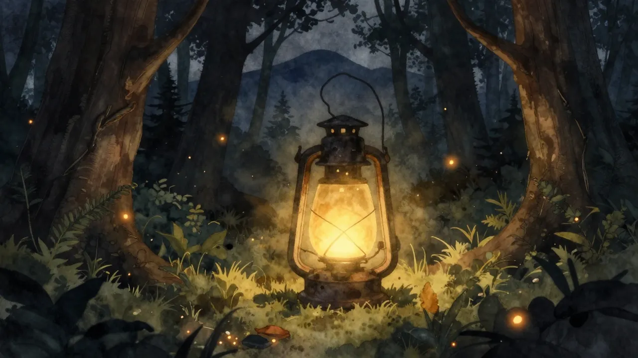 Watercolor style. A glowing lantern in a dark forest, warm y...