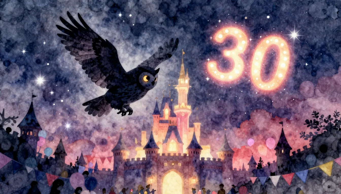 Watercolor style. Silhouette of an owl flying over a glowing...