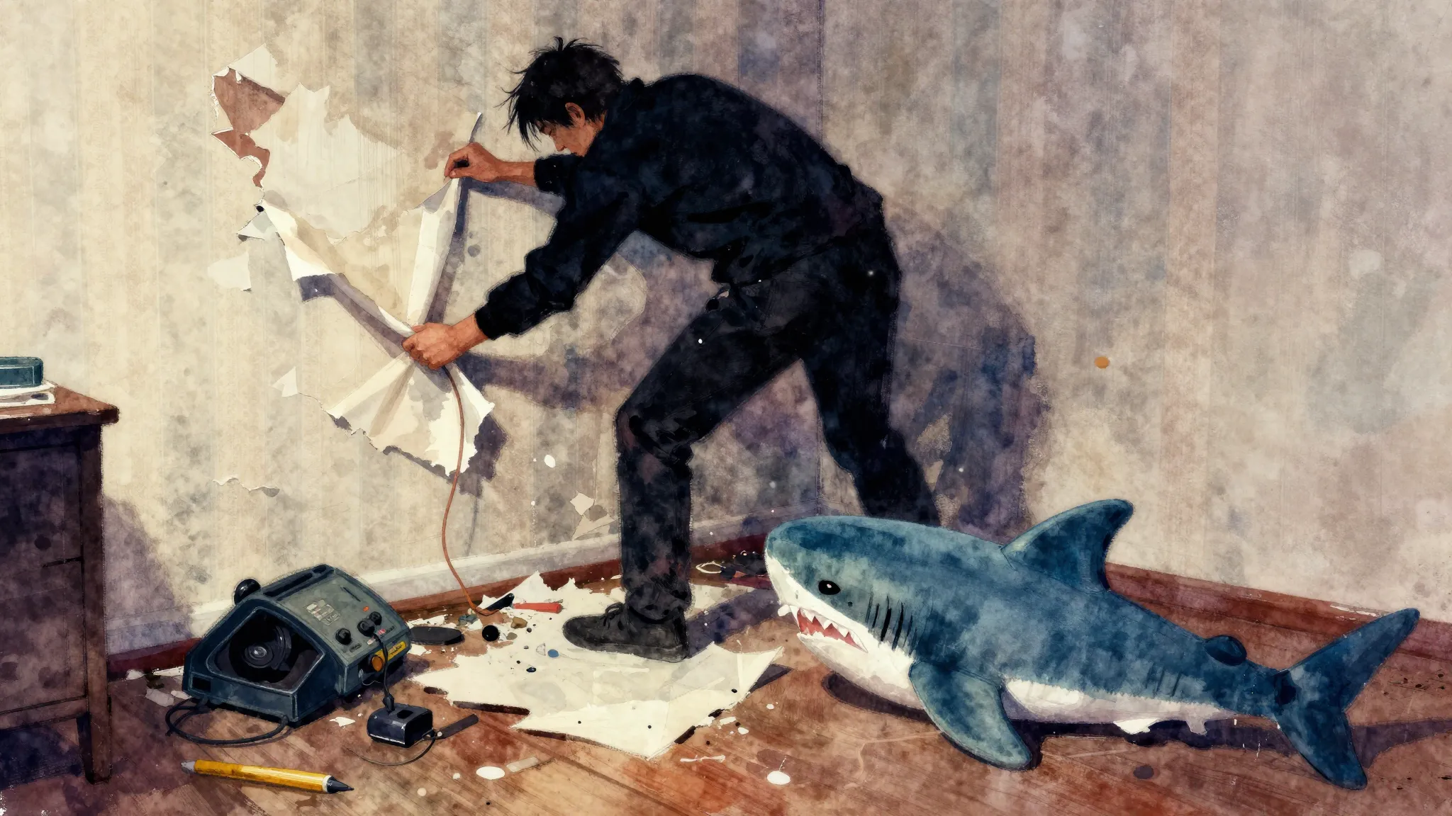 Vibrant watercolor style. Rock album cover, a dark silhouett...