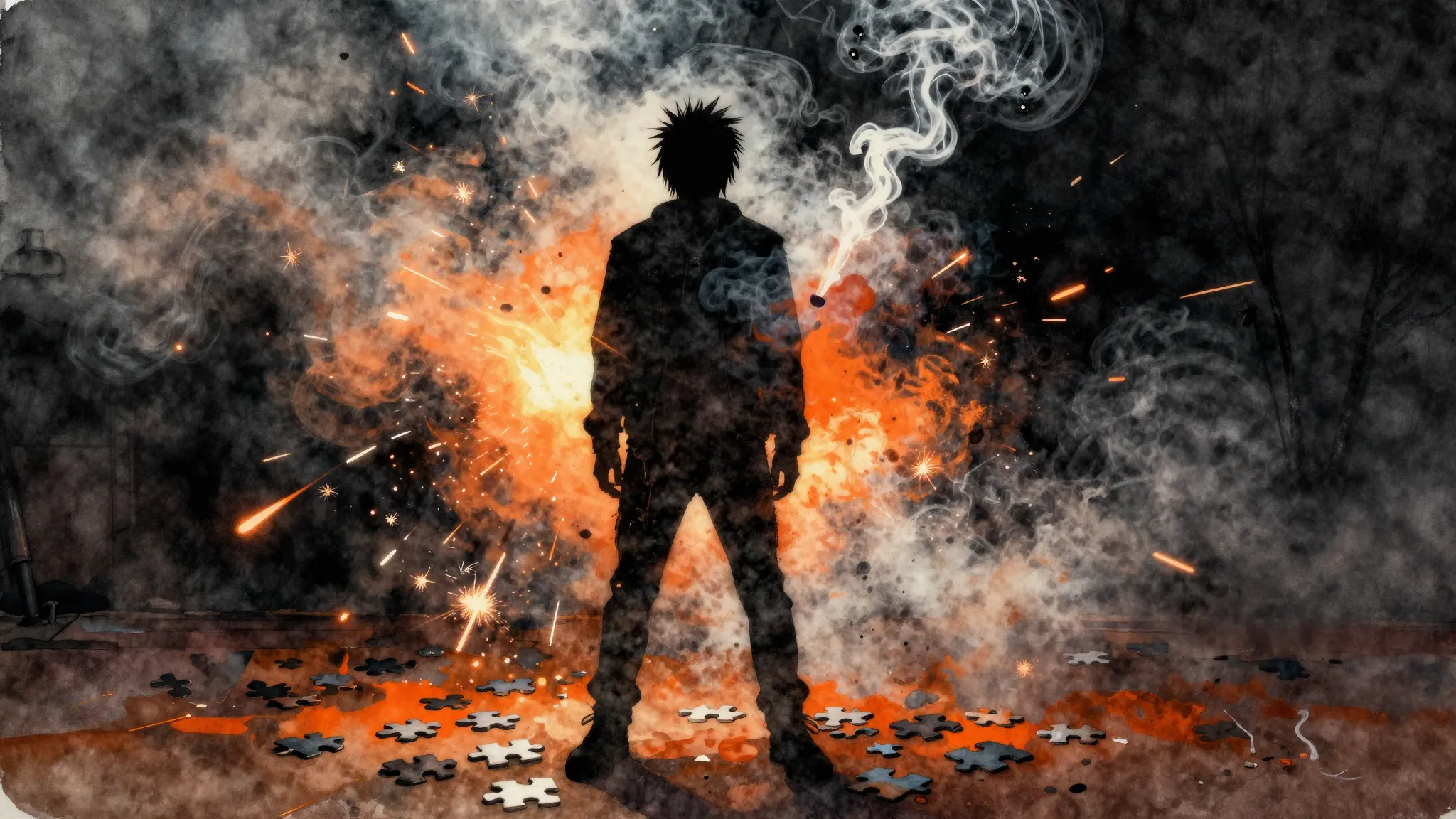 Vibrant watercolor style. Punk rock style album cover, a sil...