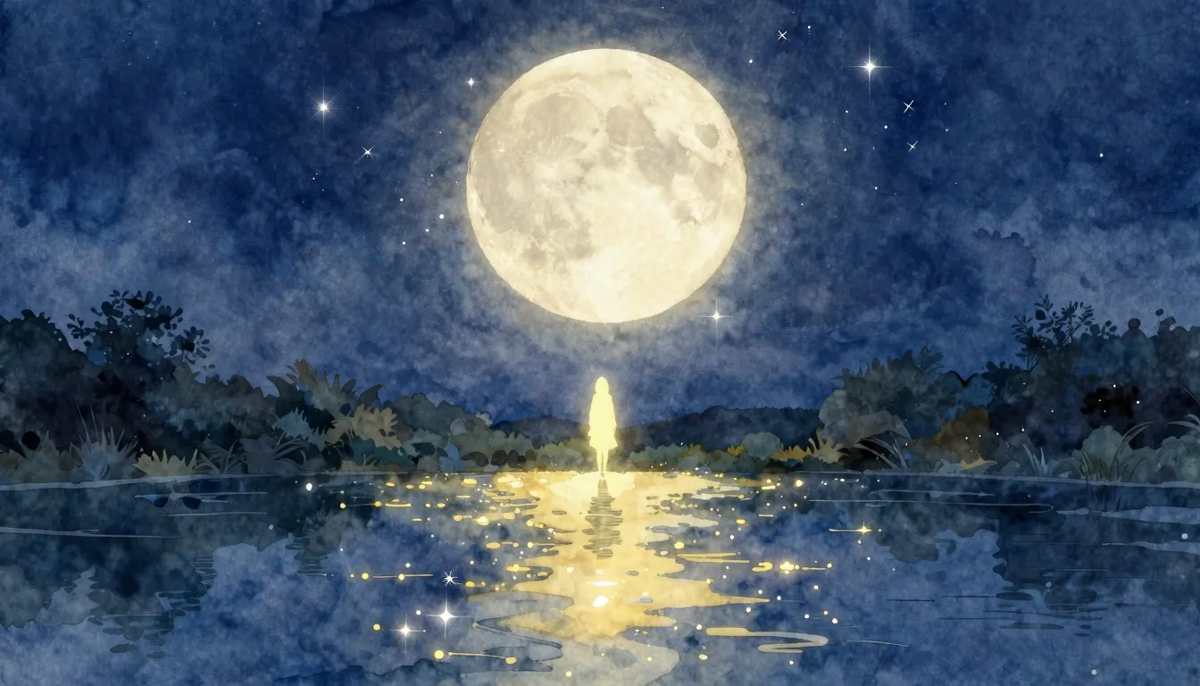 Vibrant watercolor style. A serene night landscape under a g...