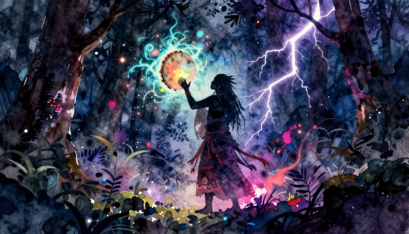 Vibrant watercolor style. Dark forest at night, glowing myst...