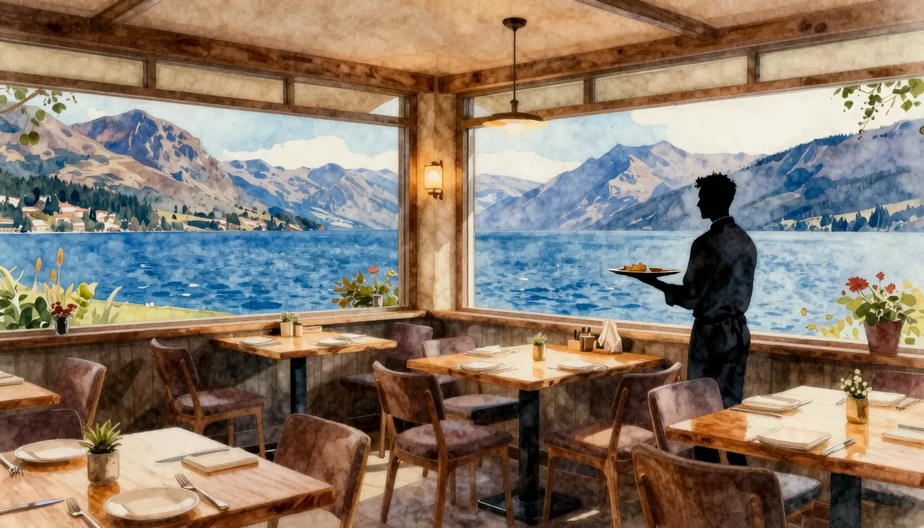 Watercolor style. A cozy restaurant interior with large wind...