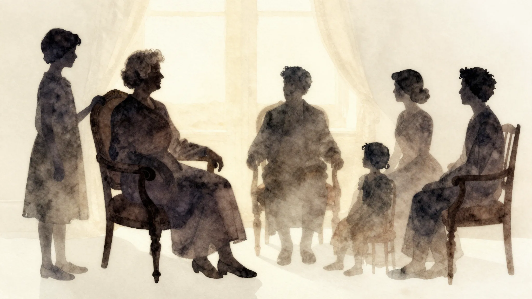 Watercolor style. A cozy silhouette of a grandmother sitting...